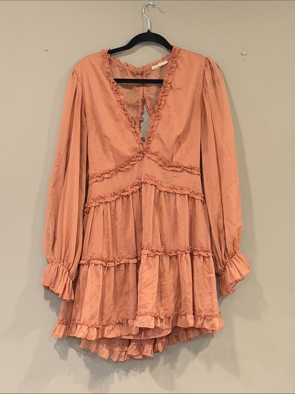 The Vintage Shop Dusty Peach Ruffle Tiered Long Sleeve Mini Dress